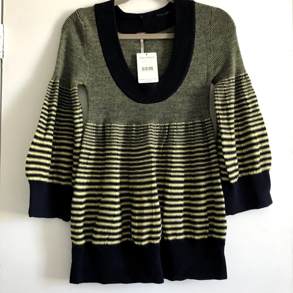 Free People Navy Combo Boho Puff Sleeve Knit M - Picture 3 of 8